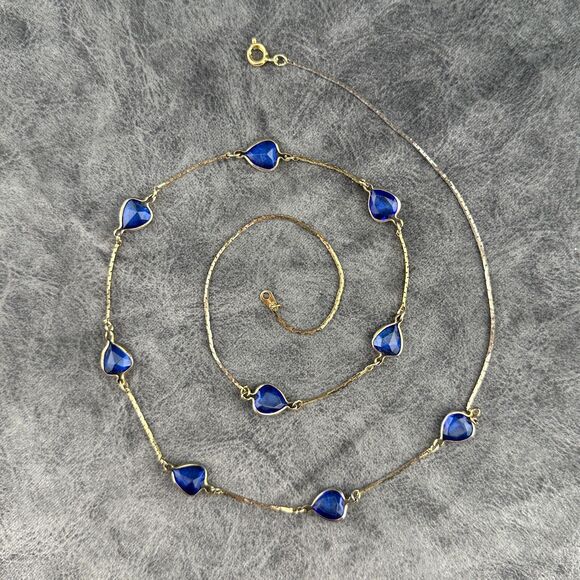 Blue Bezel Set Faceted Crystal Glass Hearts Gold-tone Chain Vintage Necklace 23" - Picture 5 of 8